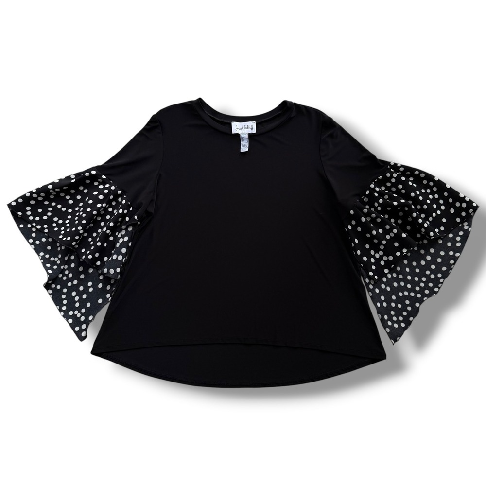 Joseph Ribkoff Womens 16 Black Polka Dot Tiered Bell Sleeve Blouse Statement Mod